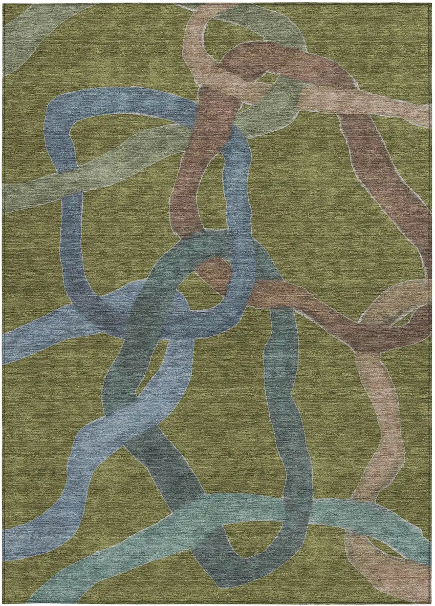 Olive Green Blue And Brown Abstract Washable Indoor Outdoor Area Rug Photo 3