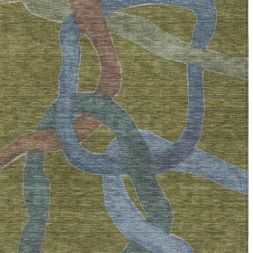 Olive Green Blue And Brown Abstract Washable Indoor Outdoor Area Rug Photo 2