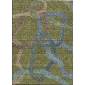 Photo of Olive Green Blue And Brown Abstract Washable Indoor Outdoor Area Rug