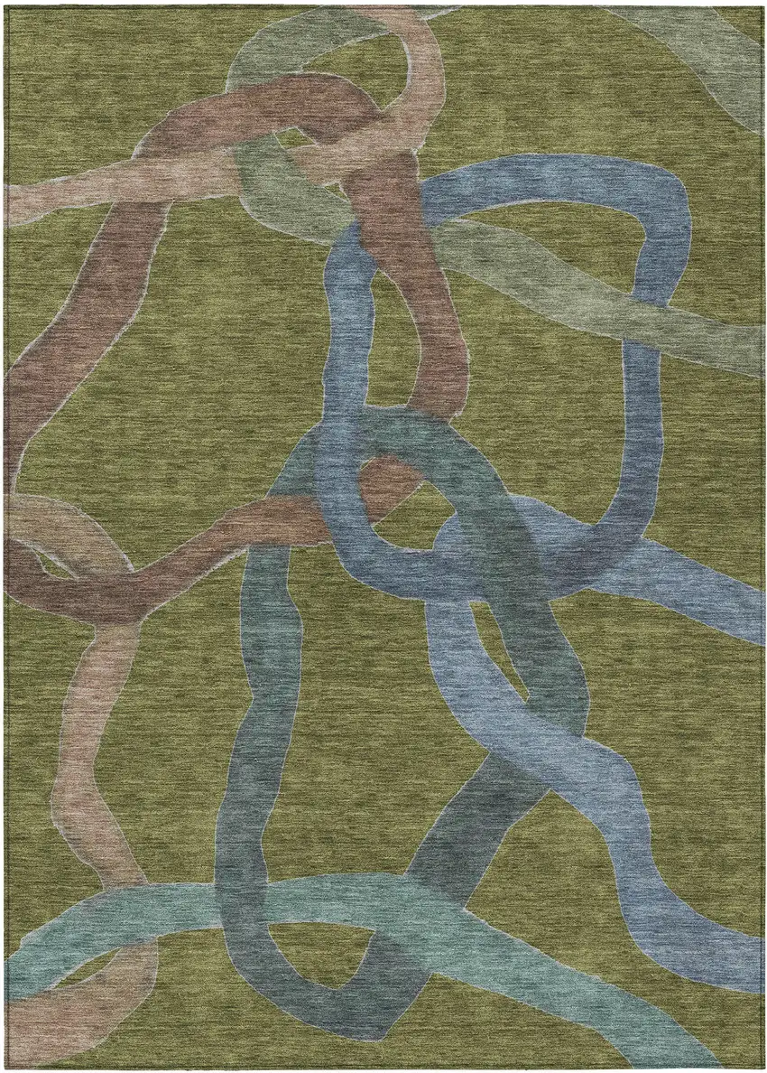 Olive Green Blue And Brown Abstract Washable Indoor Outdoor Area Rug Photo 1