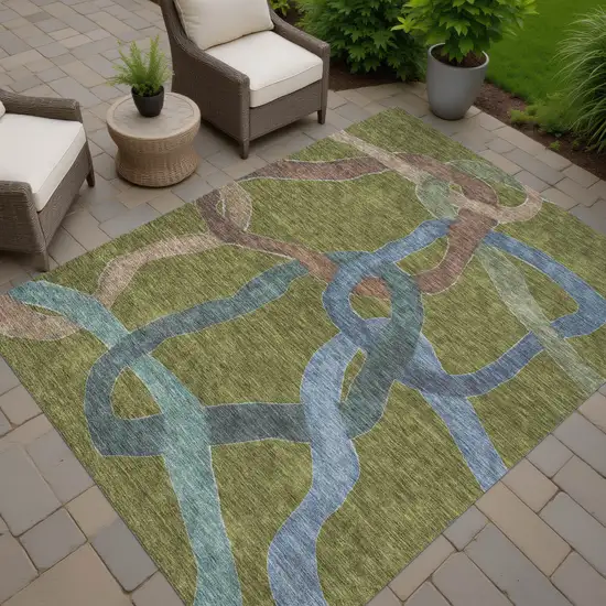 Olive Green Blue And Brown Abstract Washable Indoor Outdoor Area Rug Photo 7