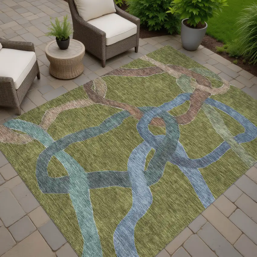 Olive Green Blue And Brown Abstract Washable Indoor Outdoor Area Rug Photo 7