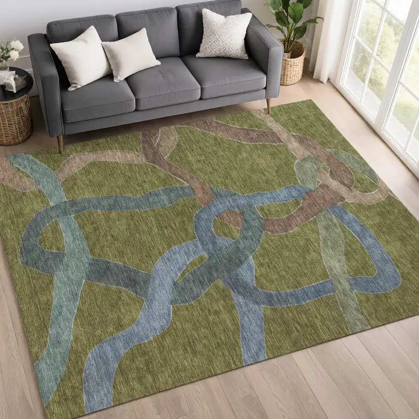 Olive Green Blue And Brown Abstract Washable Indoor Outdoor Area Rug Photo 5