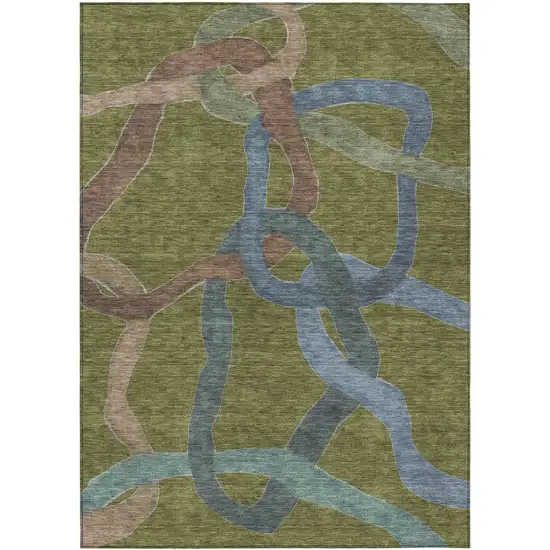 Olive Green Blue And Brown Abstract Washable Indoor Outdoor Area Rug Photo 1
