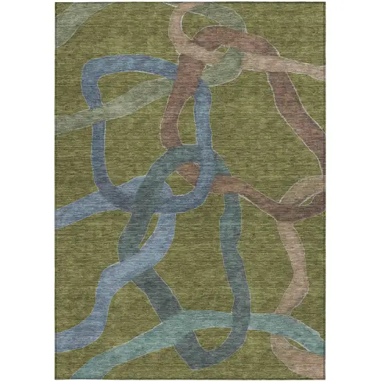 Olive Green Blue And Brown Abstract Washable Indoor Outdoor Area Rug Photo 3