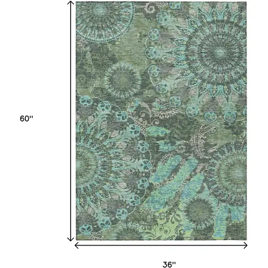 Olive Green Blue And Gray Paisley Washable Indoor Outdoor Area Rug Photo 3
