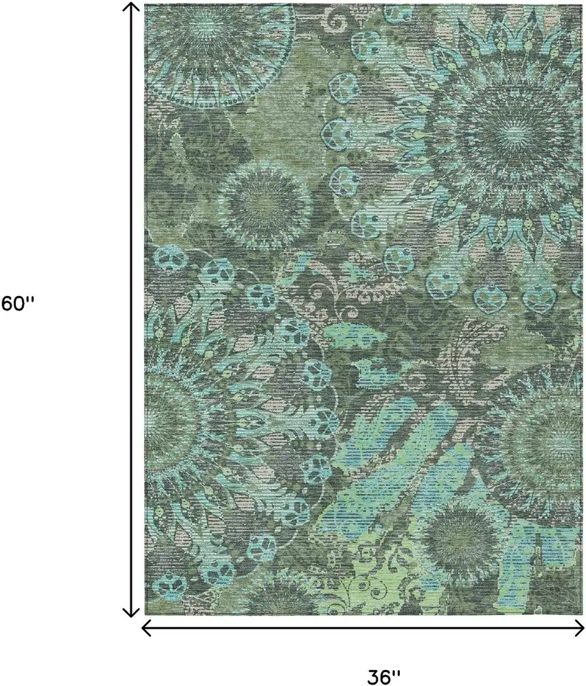 Olive Green Blue And Gray Paisley Washable Indoor Outdoor Area Rug Photo 3