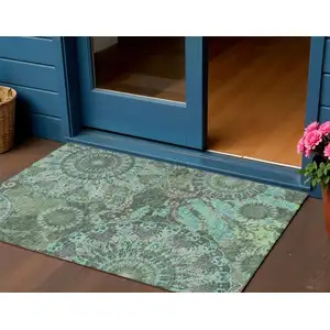 Photo of Olive Green Blue And Gray Paisley Washable Indoor Outdoor Area Rug