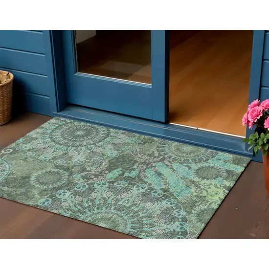 Olive Green Blue And Gray Paisley Washable Indoor Outdoor Area Rug Photo 1