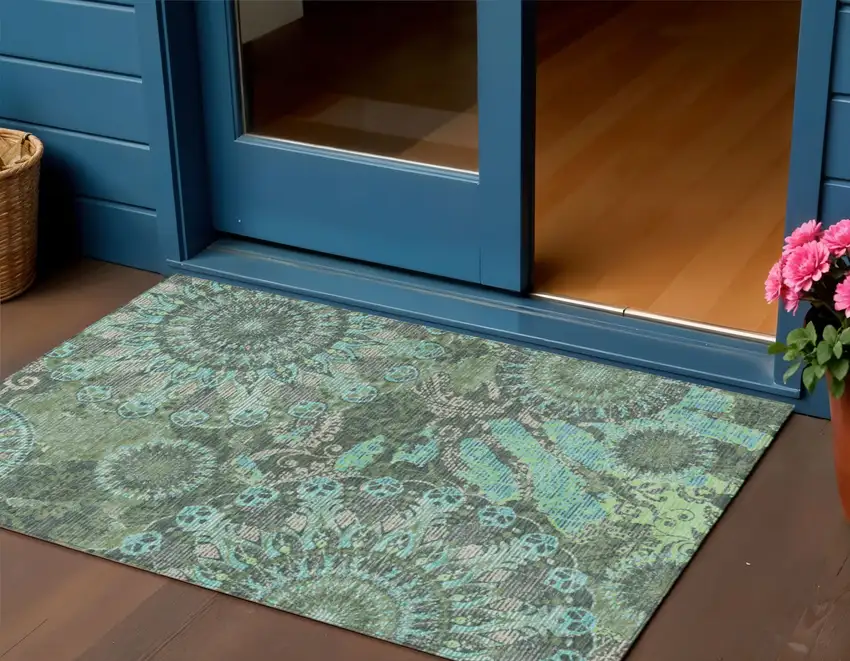 Olive Green Blue And Gray Paisley Washable Indoor Outdoor Area Rug Photo 1