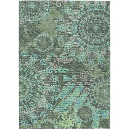Olive Green Blue And Gray Paisley Washable Indoor Outdoor Area Rug Photo 2