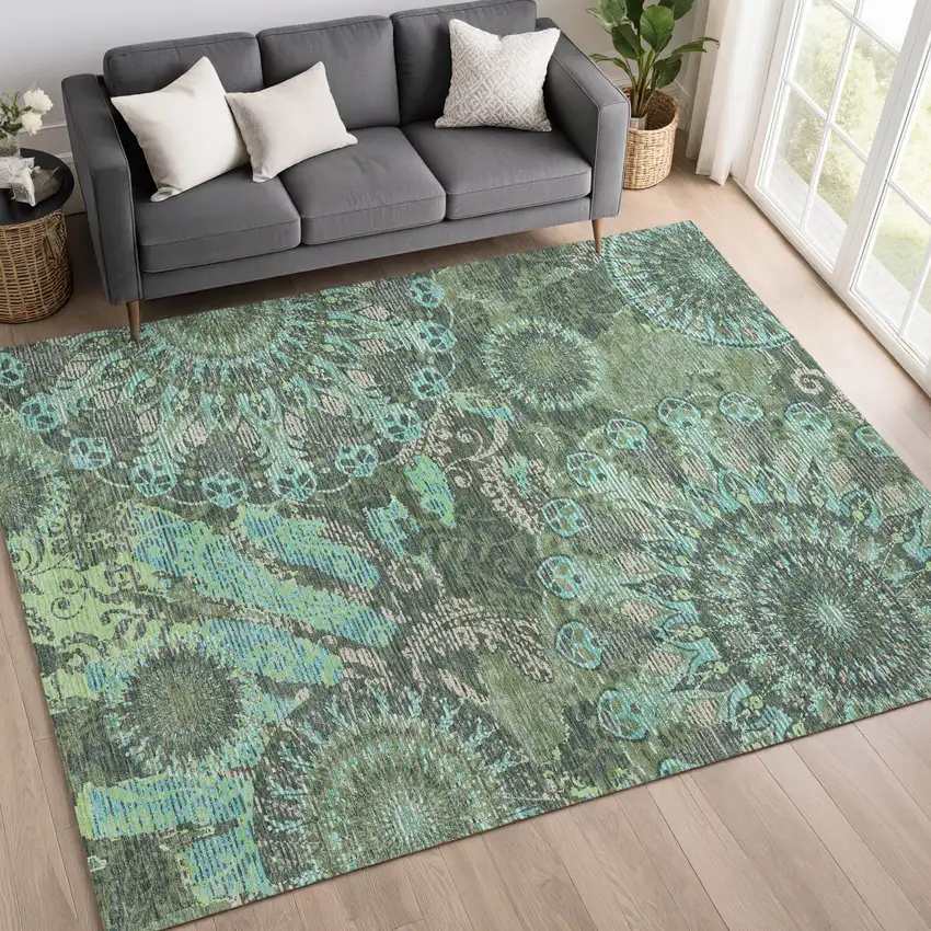 Olive Green Blue And Gray Paisley Washable Indoor Outdoor Area Rug Photo 9