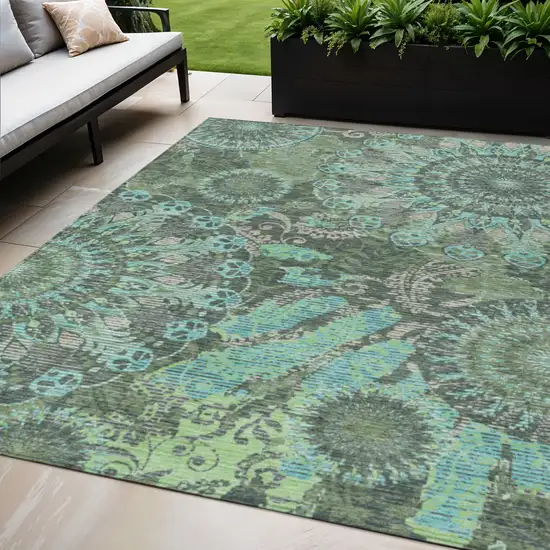 Olive Green Blue And Gray Paisley Washable Indoor Outdoor Area Rug Photo 1