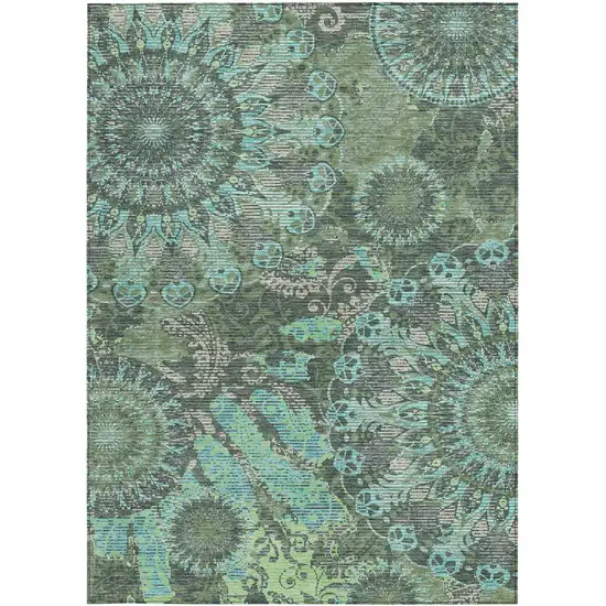 Olive Green Blue And Gray Paisley Washable Indoor Outdoor Area Rug Photo 4
