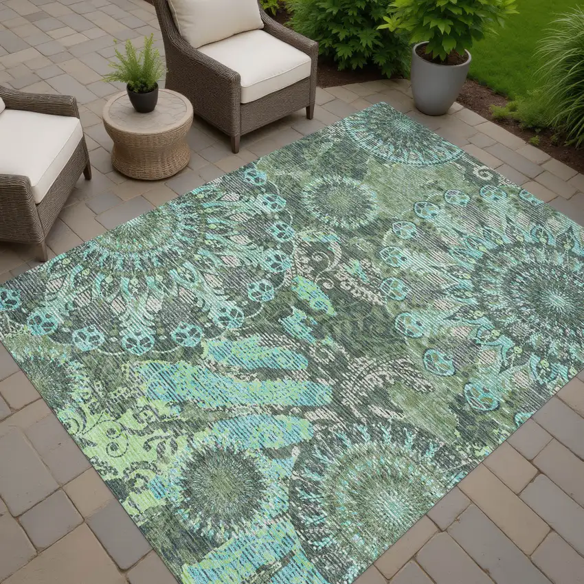 Olive Green Blue And Gray Paisley Washable Indoor Outdoor Area Rug Photo 8