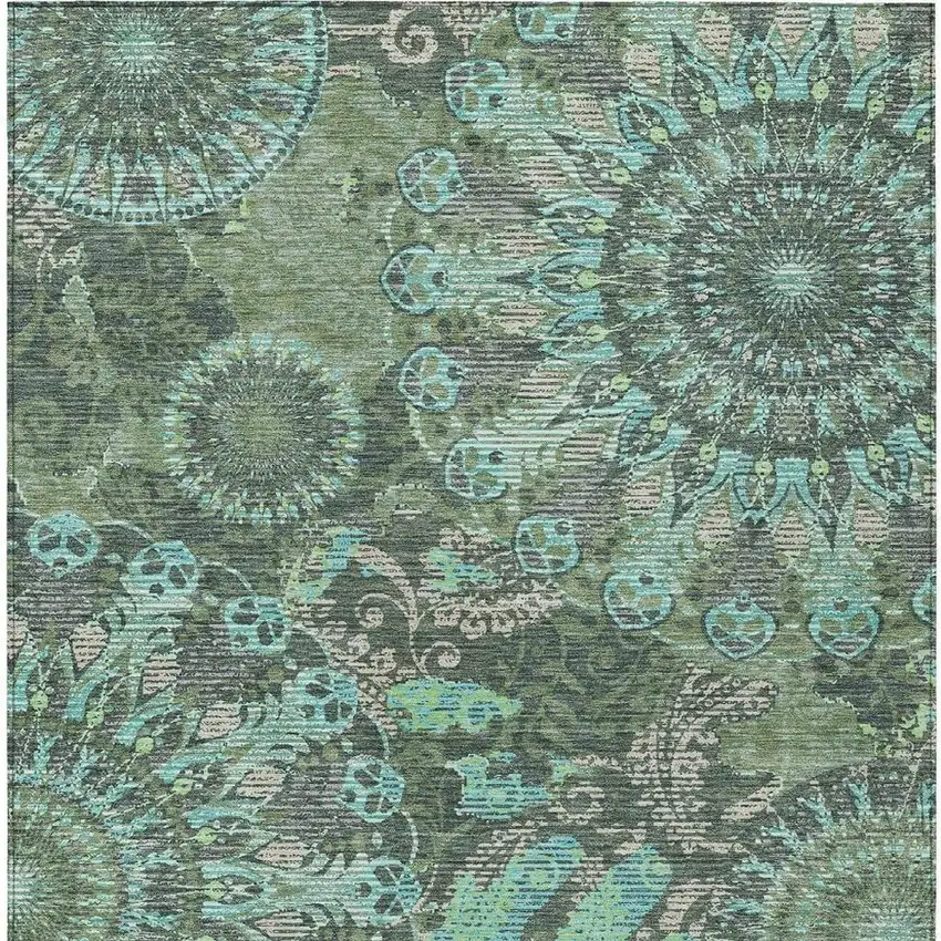 Olive Green Blue And Gray Paisley Washable Indoor Outdoor Area Rug Photo 4