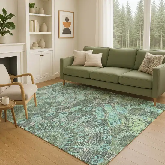 Olive Green Blue And Gray Paisley Washable Indoor Outdoor Area Rug Photo 9