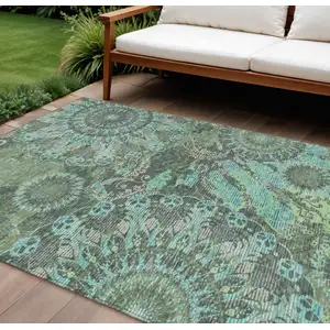 Photo of Olive Green Blue And Gray Paisley Washable Indoor Outdoor Area Rug