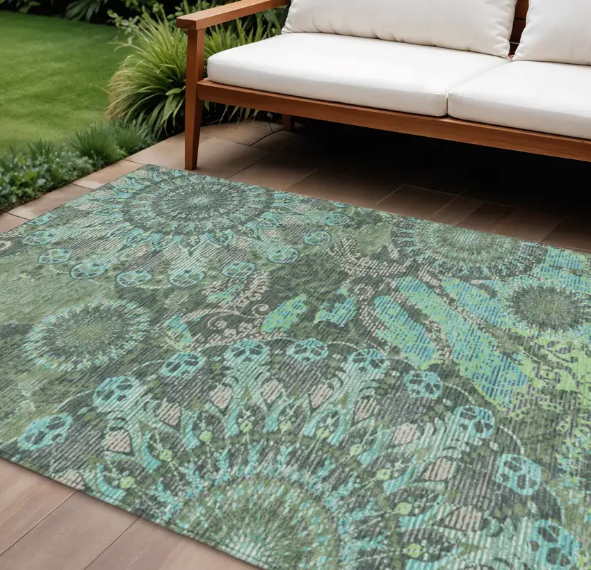 Olive Green Blue And Gray Paisley Washable Indoor Outdoor Area Rug Photo 1