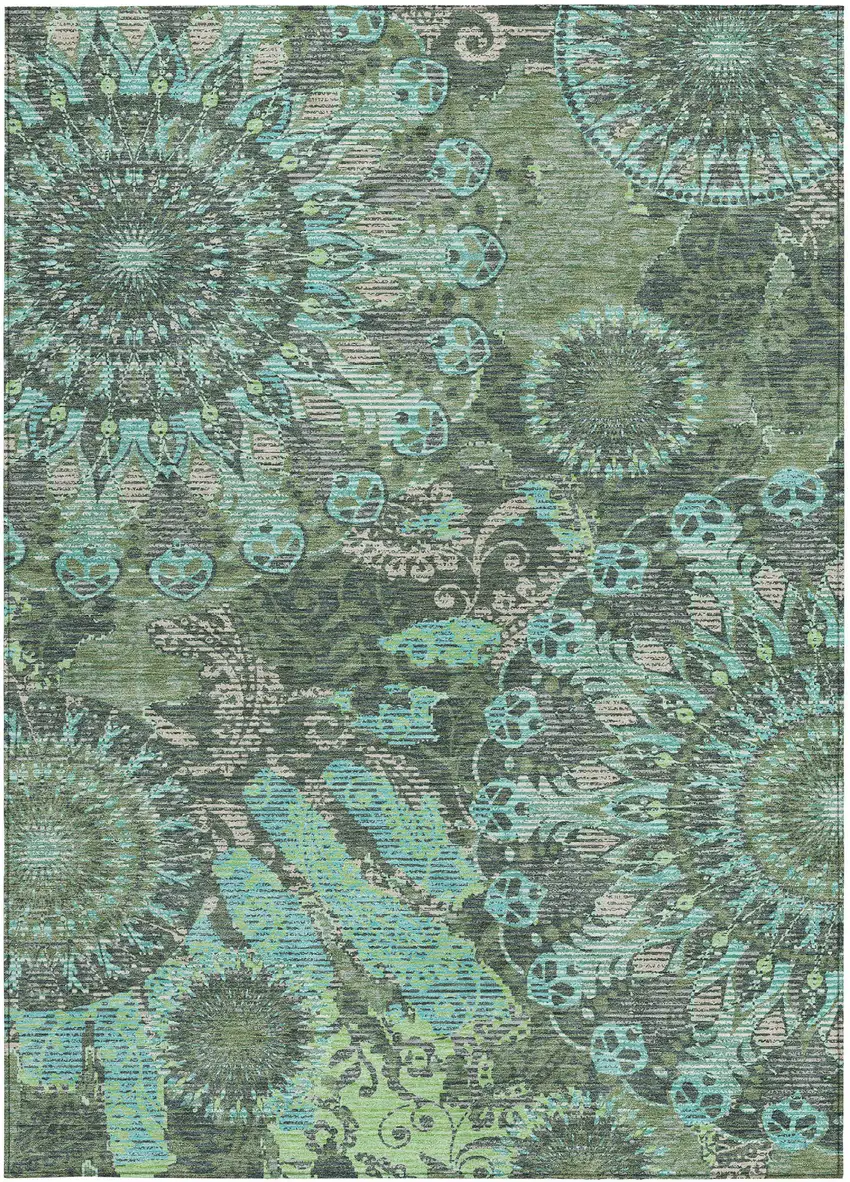 Olive Green Blue And Gray Paisley Washable Indoor Outdoor Area Rug Photo 5