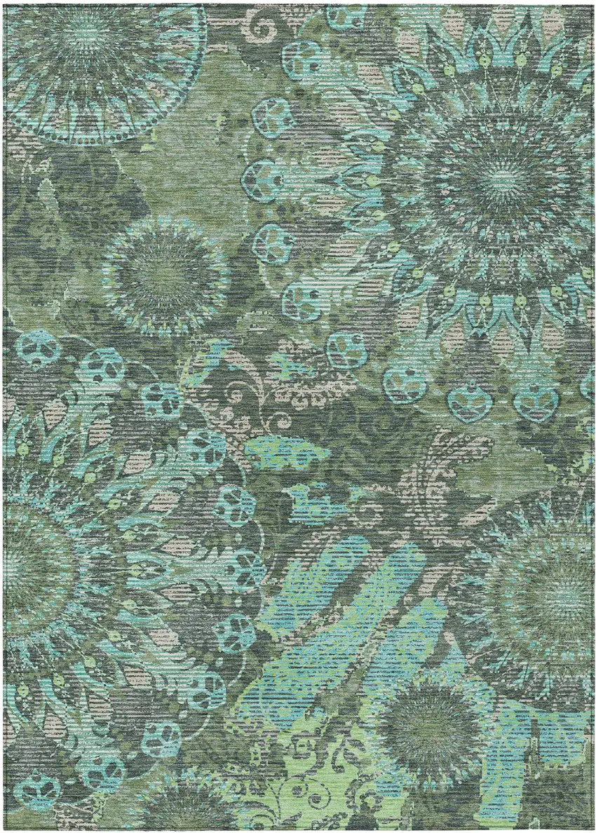Olive Green Blue And Gray Paisley Washable Indoor Outdoor Area Rug Photo 2