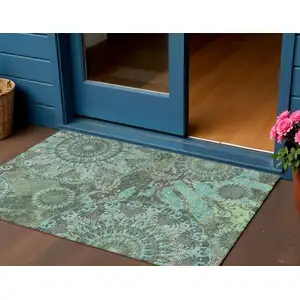 Photo of Olive Green Blue And Gray Paisley Washable Indoor Outdoor Area Rug