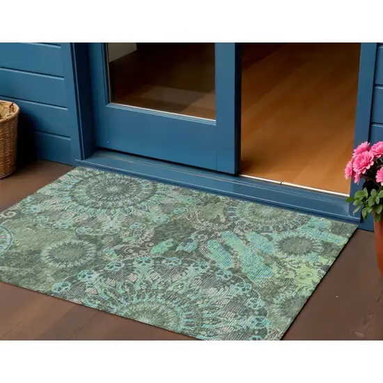 Olive Green Blue And Gray Paisley Washable Indoor Outdoor Area Rug Photo 1