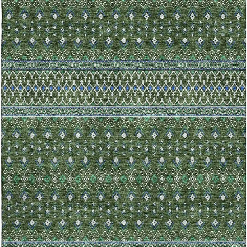 Olive Green Blue And Ivory Tribal Washable Area Rug With UV Protection Photo 3