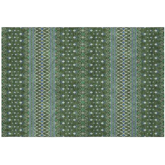Olive Green Blue And Ivory Tribal Washable Area Rug With UV Protection Photo 2