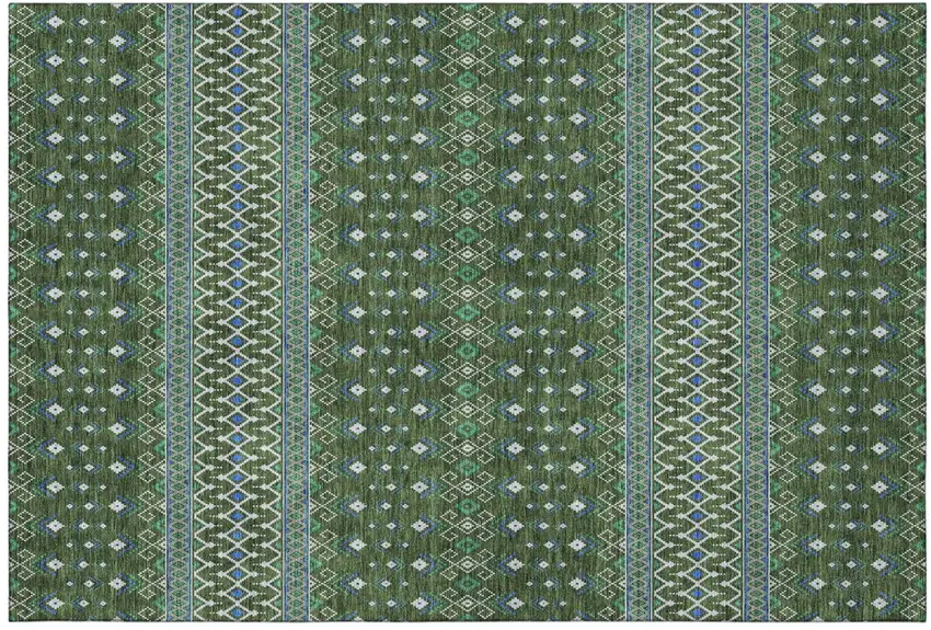 Olive Green Blue And Ivory Tribal Washable Area Rug With UV Protection Photo 2