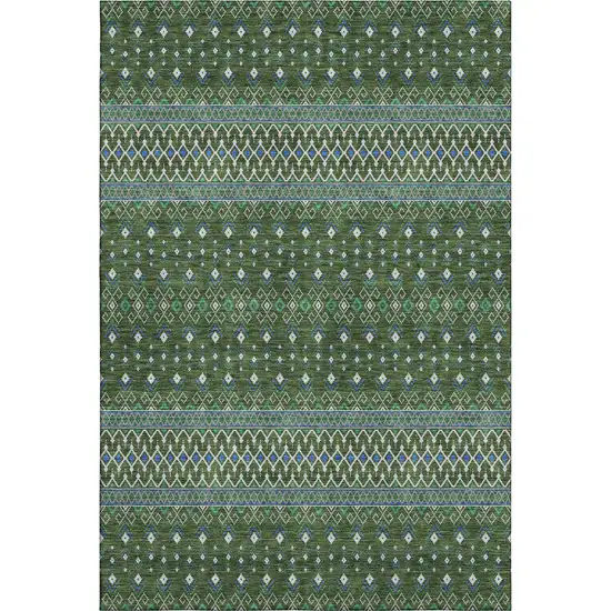 Olive Green Blue And Ivory Tribal Washable Area Rug With UV Protection Photo 1