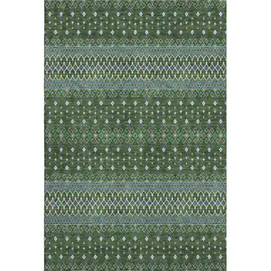 Photo of Olive Green Blue And Ivory Tribal Washable Area Rug With UV Protection