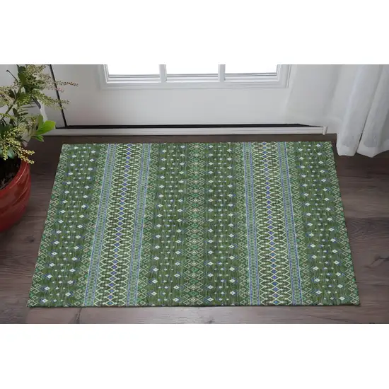 Olive Green Blue And Ivory Tribal Washable Area Rug With UV Protection Photo 2