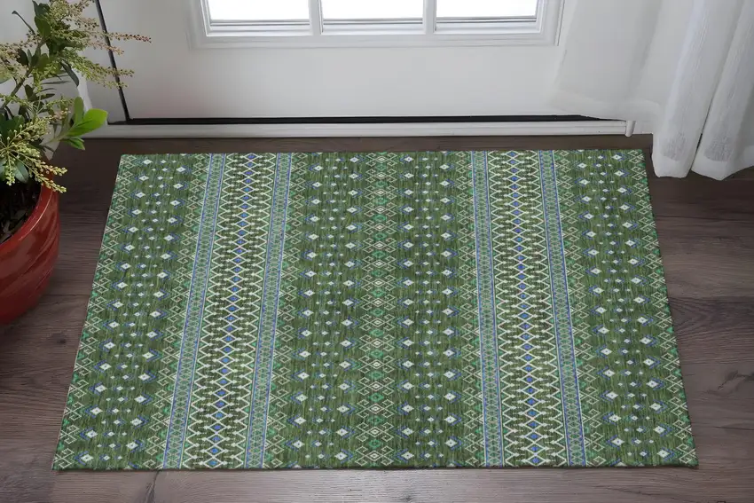 Olive Green Blue And Ivory Tribal Washable Area Rug With UV Protection Photo 2