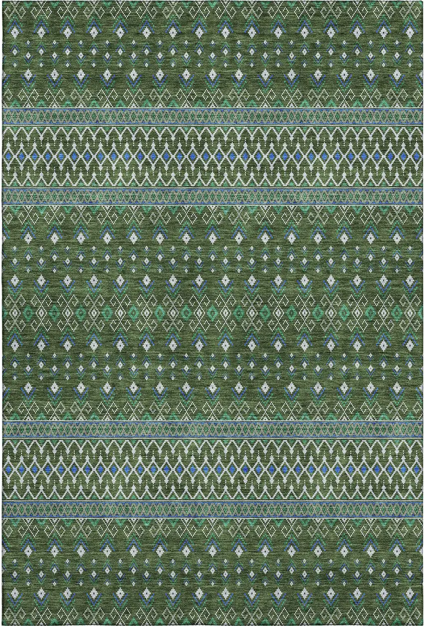 Olive Green Blue And Ivory Tribal Washable Area Rug With UV Protection Photo 2