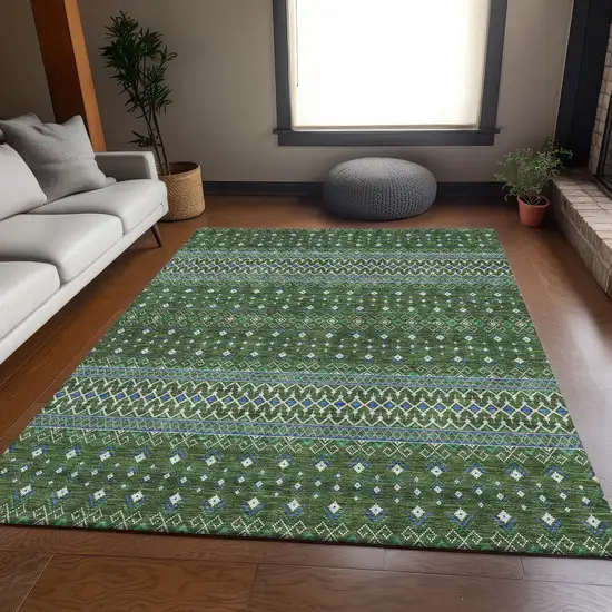 Olive Green Blue And Ivory Tribal Washable Area Rug With UV Protection Photo 6