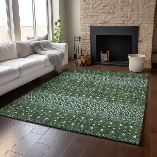 Olive Green Blue And Ivory Tribal Washable Area Rug With UV Protection Photo 5