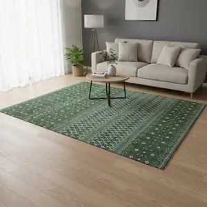 Photo of Olive Green Blue And Ivory Tribal Washable Area Rug With UV Protection