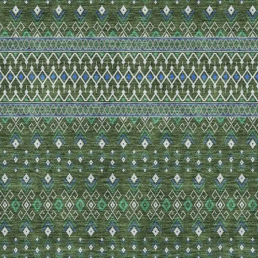 Olive Green Blue And Ivory Tribal Washable Area Rug With UV Protection Photo 4