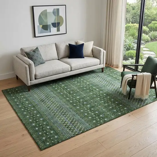 Olive Green Blue And Ivory Tribal Washable Area Rug With UV Protection Photo 1