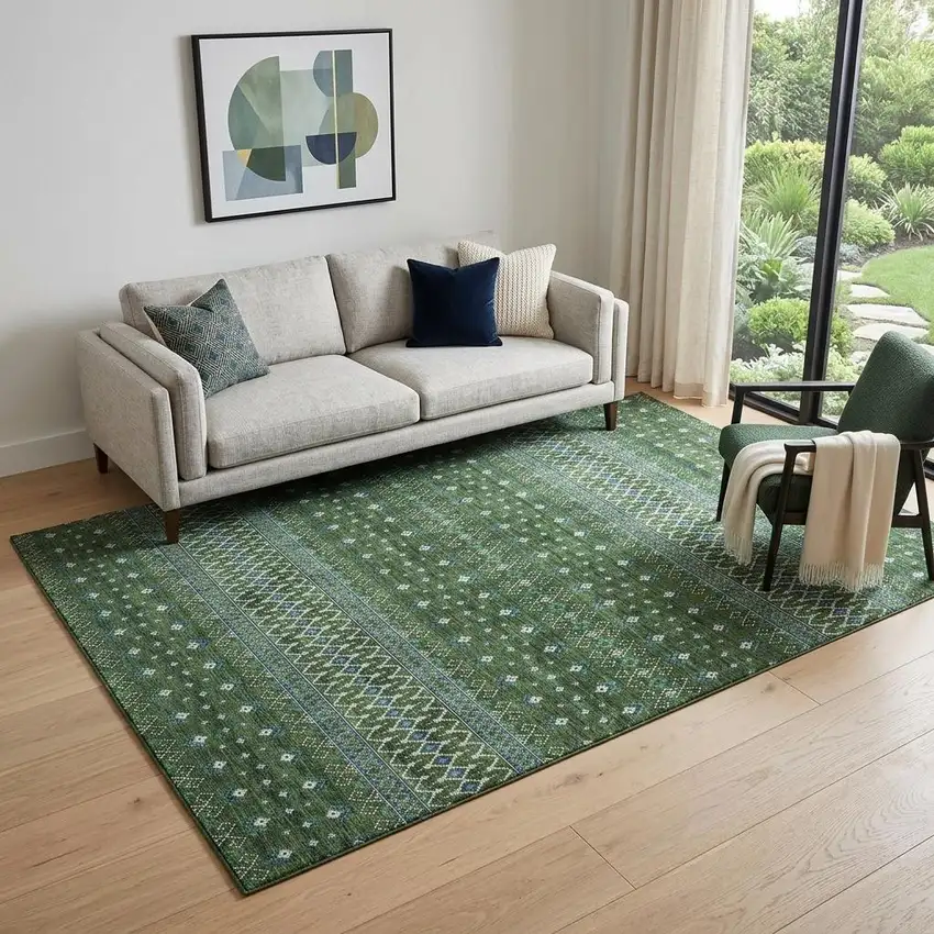 Olive Green Blue And Ivory Tribal Washable Area Rug With UV Protection Photo 1