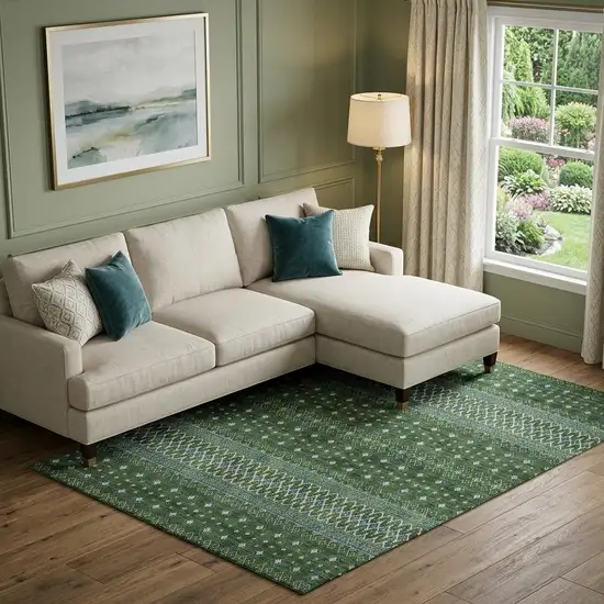 Olive Green Blue And Ivory Tribal Washable Area Rug With UV Protection Photo 1