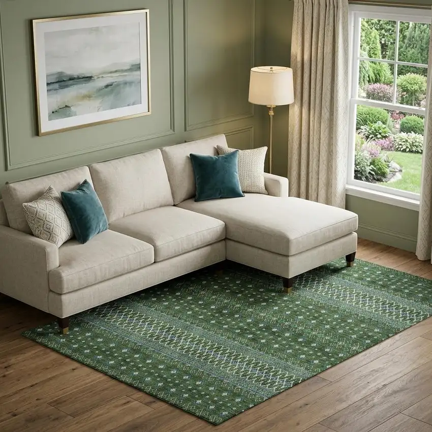 Olive Green Blue And Ivory Tribal Washable Area Rug With UV Protection Photo 1