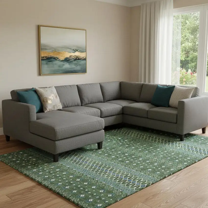 Olive Green Blue And Ivory Tribal Washable Area Rug With UV Protection Photo 1