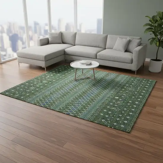 Olive Green Blue And Ivory Tribal Washable Area Rug With UV Protection Photo 1