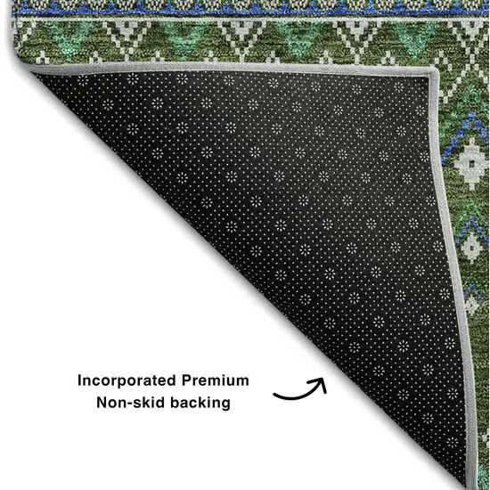 Olive Green Blue And Ivory Tribal Washable Area Rug With UV Protection Photo 8