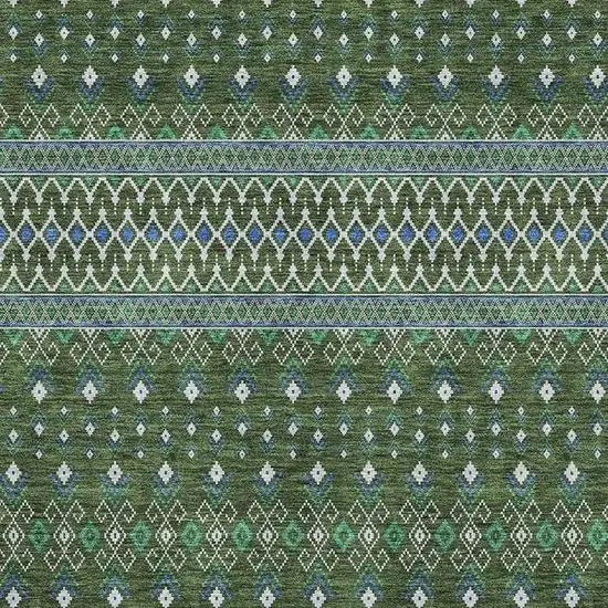 Olive Green Blue And Ivory Tribal Washable Area Rug With UV Protection Photo 5