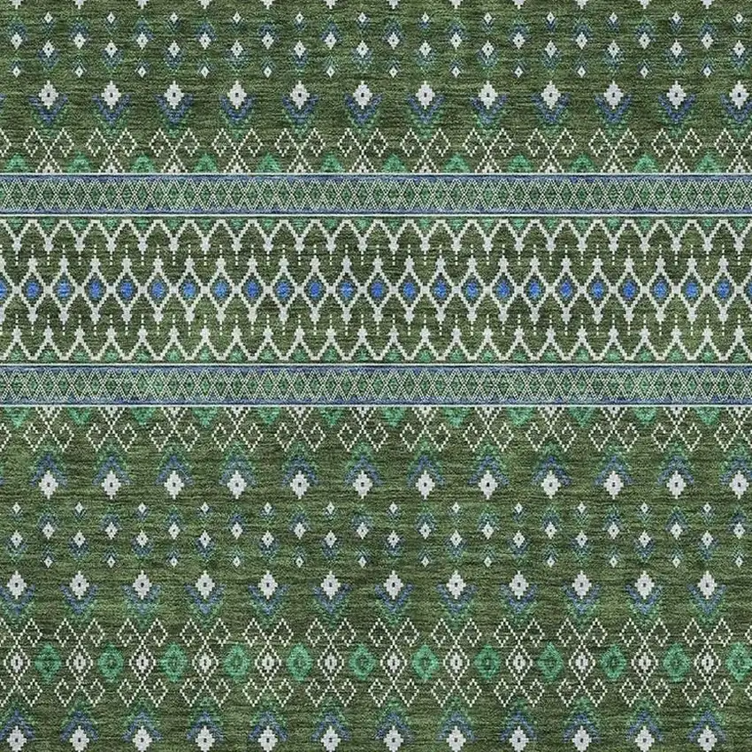 Olive Green Blue And Ivory Tribal Washable Area Rug With UV Protection Photo 5