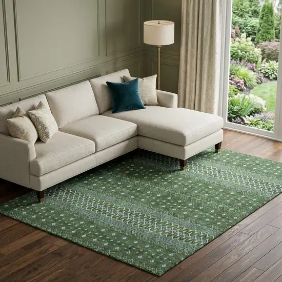 Olive Green Blue And Ivory Tribal Washable Area Rug With UV Protection Photo 1