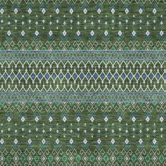Olive Green Blue And Ivory Tribal Washable Area Rug With UV Protection Photo 4